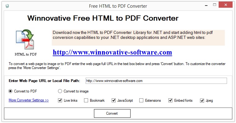 Winnovative Free HTML to PDF Application Screenshot
